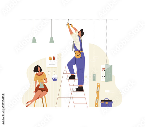 Electrician services flat vector illustration. A man helps a woman install lights and wiring in the house. 