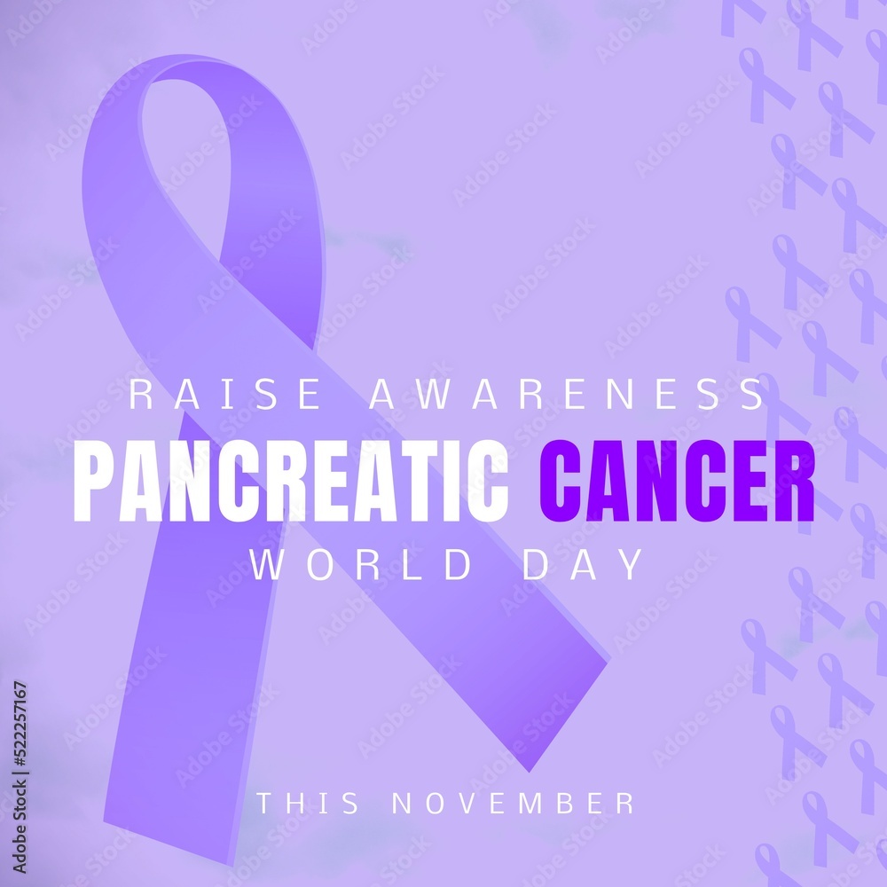 Fototapeta premium Composition of pancreatic cancer day text with purple ribbon on purple background