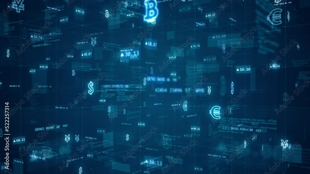 Motion graphic of Blue digital cyberspace and money icon with program code and element icon levitation on futuristic technology abstract background concept camera zoom in