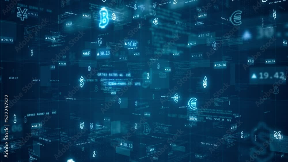 Motion graphic of Blue digital cyberspace and money icon with program code and element icon levitation on futuristic technology abstract background concept