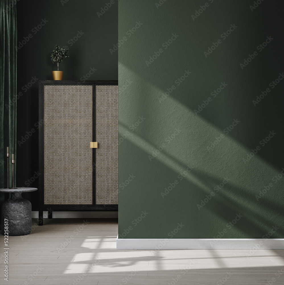 Home mockup, dark green room interior background, 3d render Stock ...