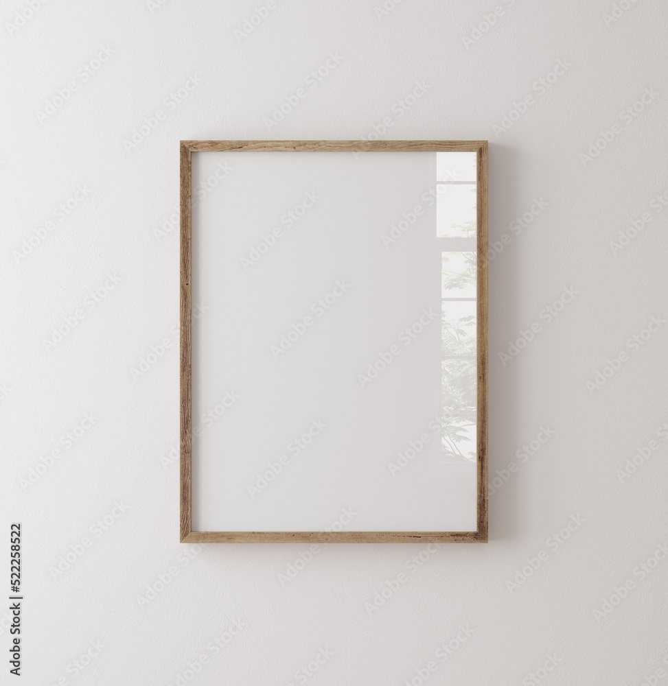 Obraz premium Old wooden frame mockup close up on white wall, 3d render