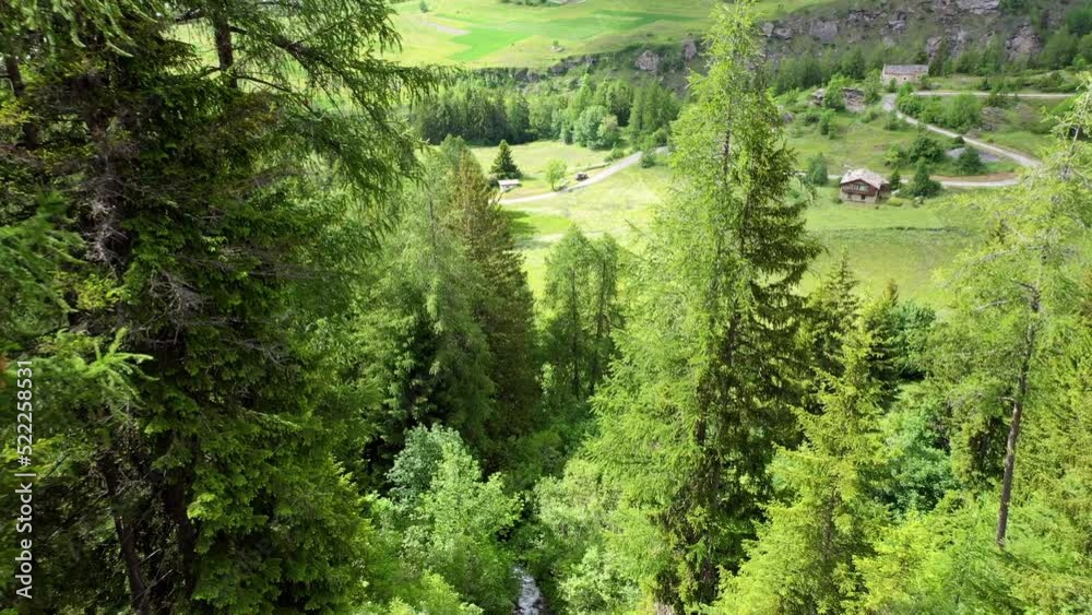 Aerial Beautiful View Of Log Cabins On Green Landscape, Drone Flying Forward Over Trees In Forest - Val-Cenis, France Aerial Beautiful View Of Log Cabins On Green Landscape, Drone Flying Forward Over Trees In Forest - Val-Cenis, France