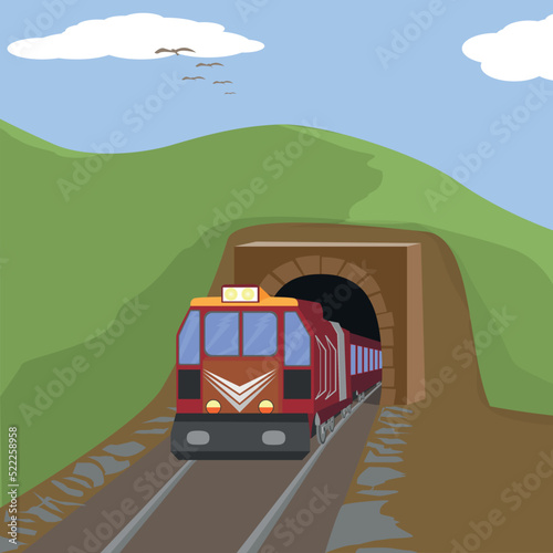 colorful red train coming out of the tunnel