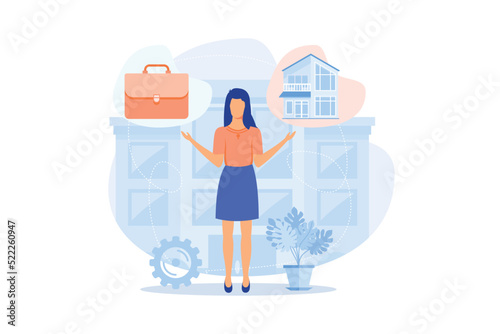 Balancing work and family Work and life balance, happy family, mom doing business, dad at home, kids at office, time management, freelance Flat vector Modern illustration