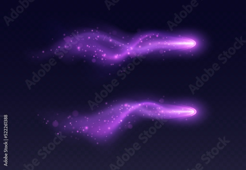 Purple light trail, magic stardust with haze and sparkles, realistic fantasy game vfx effect, spell blast in motion isolated on dark background. Vector illustration.