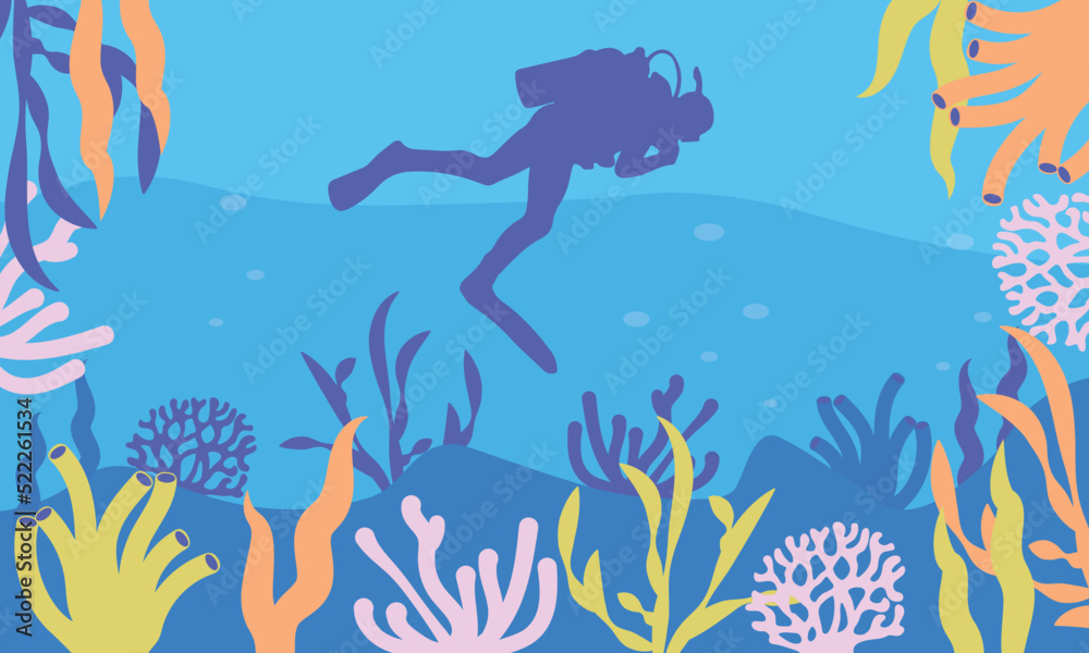 Fototapeta premium Diving Coral underwater scene and nature, Coral Reef Vector graphics background