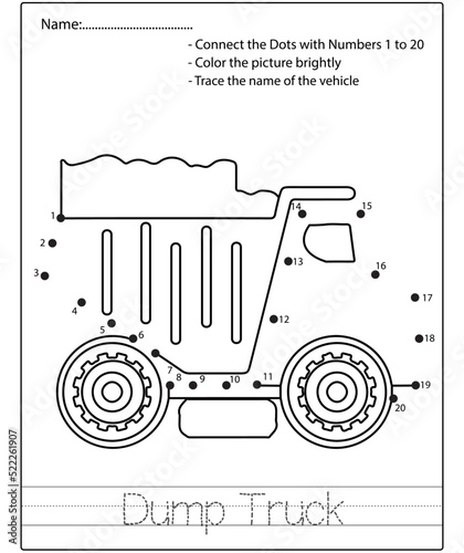 Dot to dot kids puzzle worksheet cartoon drawing construction vehicle. Trace and Color Educational game.