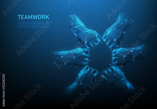 hand teamwork digital low poly wireframe on blue dark background. people friendship support to success.consist of lines, dots and triangle. business team symbol. vector illustration fantastic design.