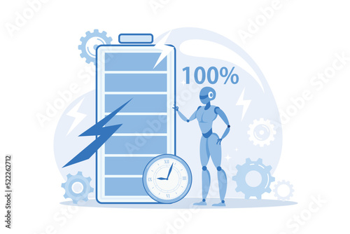 Battery runtime Battery innovative solution, extend runtime, charging technology, long life, durability calculation, high energy capacity flat design modern illustration