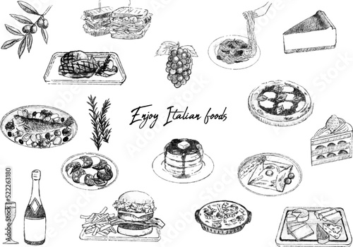 Various sketch italian foods illustration
