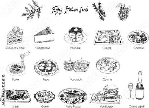 Various sketch italian foods illustration