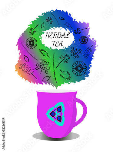 Fragrant cup with herbal tea. Abstract concept of herbal tea with bright aroma of brewed plants. The expression of the aroma of herbs, flowers, fruits, brewed in herbal tea. Color vector illustration.