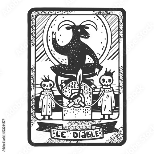 Tarot playing card devil satan sketch engraving vector illustration. T-shirt apparel print design. Scratch board imitation. Black and white hand drawn image.