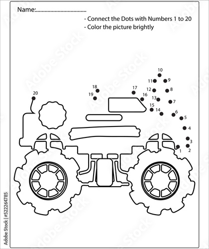 Connect the dot and color Monster Truck game for preschool kids with simple educational gaming level.