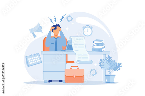 Stress Acute mental disorder, work related anxiety, stress management technique, overworking, psychologist service, physical health risk flat design modern illustration