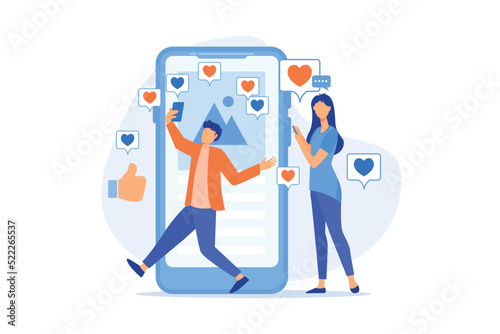 Likes addiction Addicted to likes, thumbs-up dependence, social media madness, selfie addiction, posting photos, self esteem problem flat design modern illustration