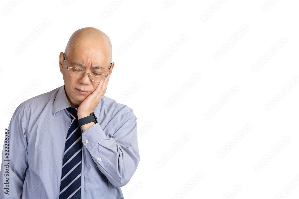 頬に手を当て眉をしかめる男性 頬に手を当て眉をしかめる男性