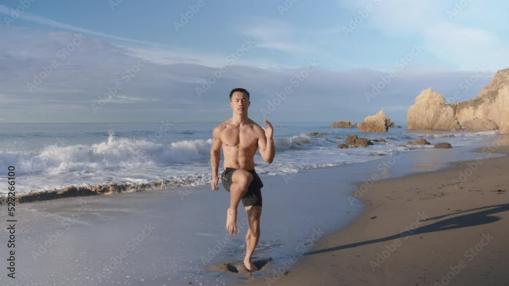 Extremely handsome Asian American young man perform workout routine on california ocean beach front. Athletic and fit, with defined six pack muscles. Motivational workout video for training app