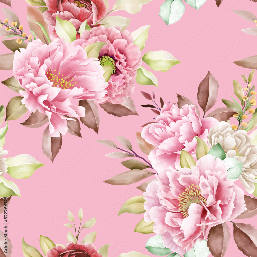 peony floral and leaves seamless pattern