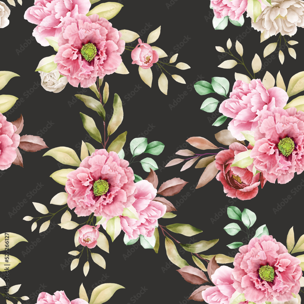 peony floral and leaves seamless pattern
