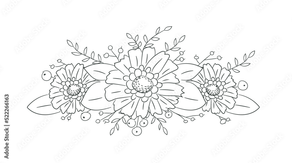 Three asters floral vector composition. Fresh soft meadow bouquet. Linear flowers. 