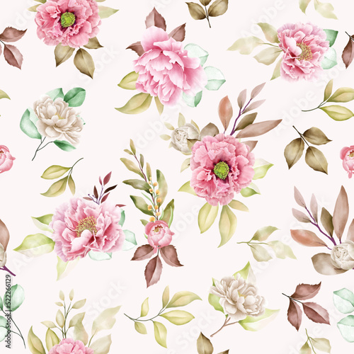 peony floral and leaves seamless pattern