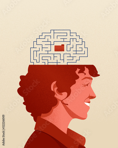 Person with labyrinth as a Brain. Woman with Alzheimer 's disease.