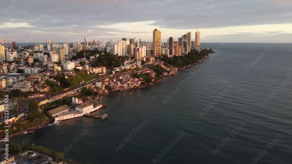 Amazing aerial cinematographic image with orange light of the drone dusk of the capital Salvador in Bahia in coastal metropole Amazing aerial cinematographic image with orange light of the drone dusk of the capital Salvador in Bahia in coastal metropole