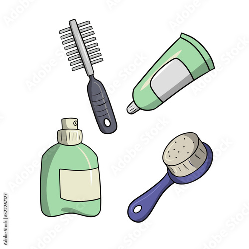 A set of icons and stickers, tools for caring for animal fur, vector in cartoon