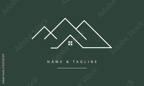 A line art icon logo of a mountain and house