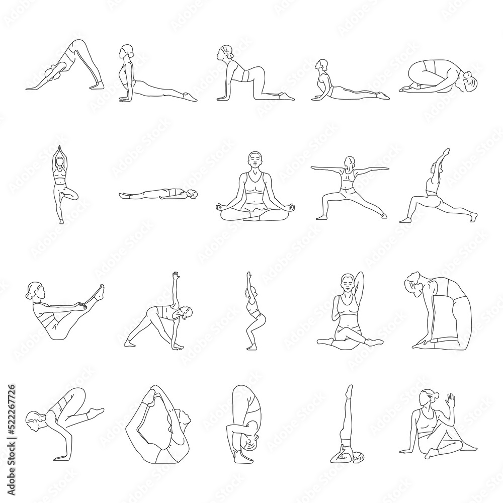 Yoga poses color line icons set. Pictograms for web page