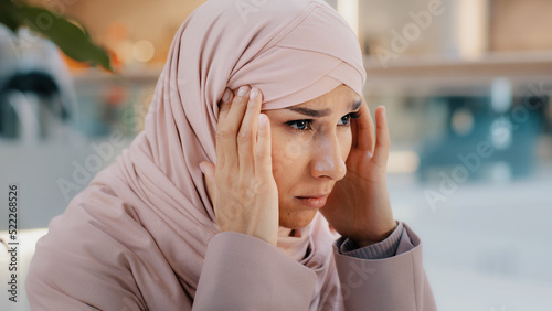 Vászonkép Close-up upset young woman gets bad news feels stressful anxiety frustrated musl