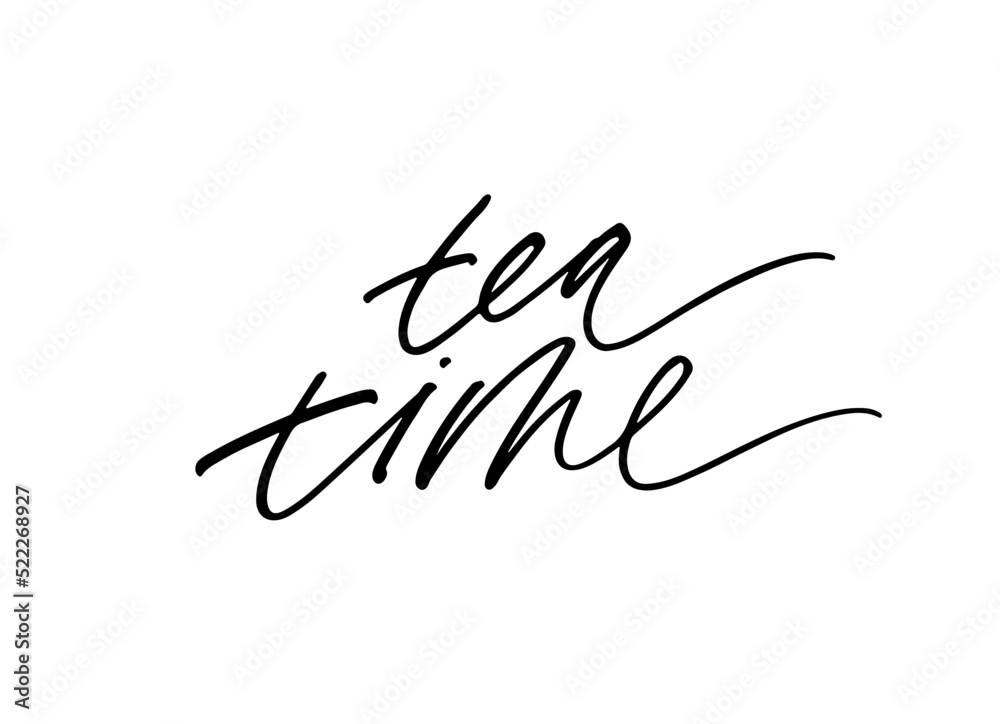 Tea time modern vector calligraphy. Vector ink illustration of drink quote. Calligraphy hand written phrases about tea. Hand drawn black brush lettering Isolated on white background. Tea time modern vector calligraphy. Vector ink illustration of drink quote. Calligraphy hand written phrases about tea. Hand drawn black brush lettering Isolated on white background.