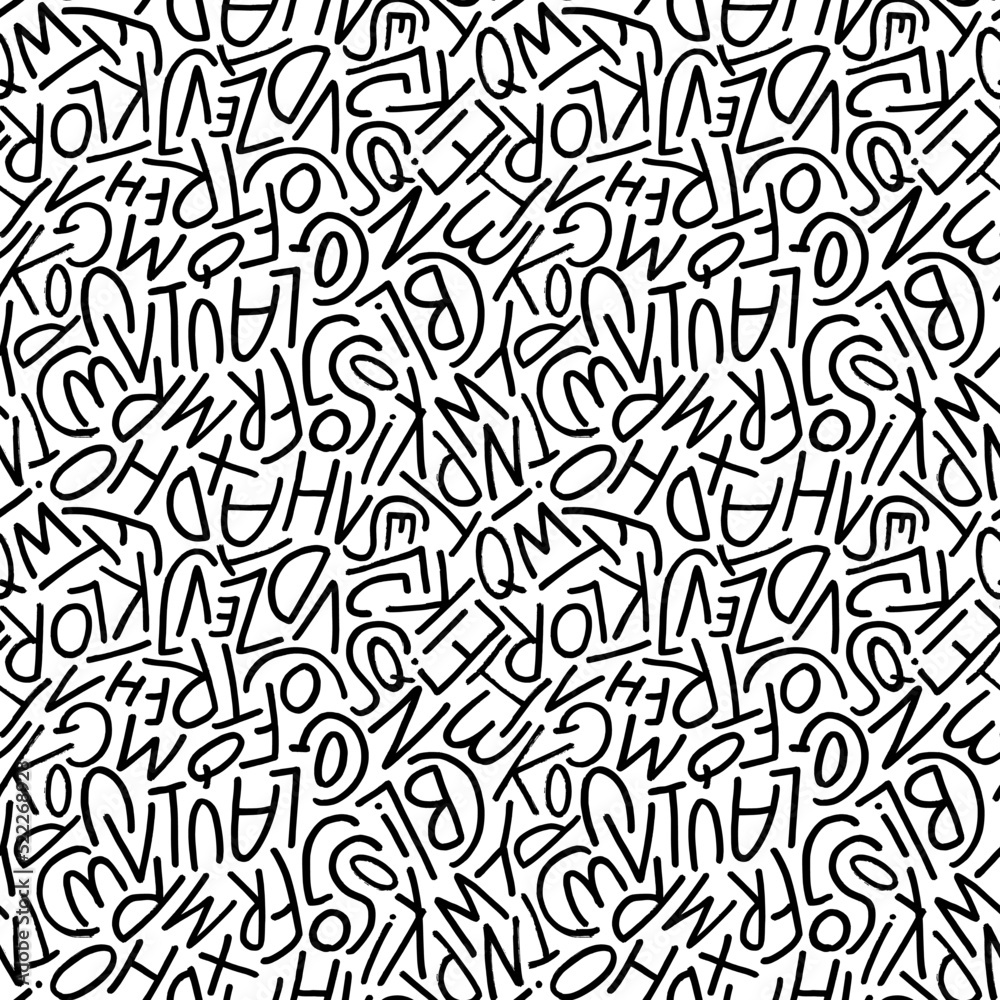 Seamless pattern with simple letters. Hand drawn typography print. Alphabet letters in doodle style vector ornament. Modern pen line lettering. Seamless abstract alphabets pattern on black and white