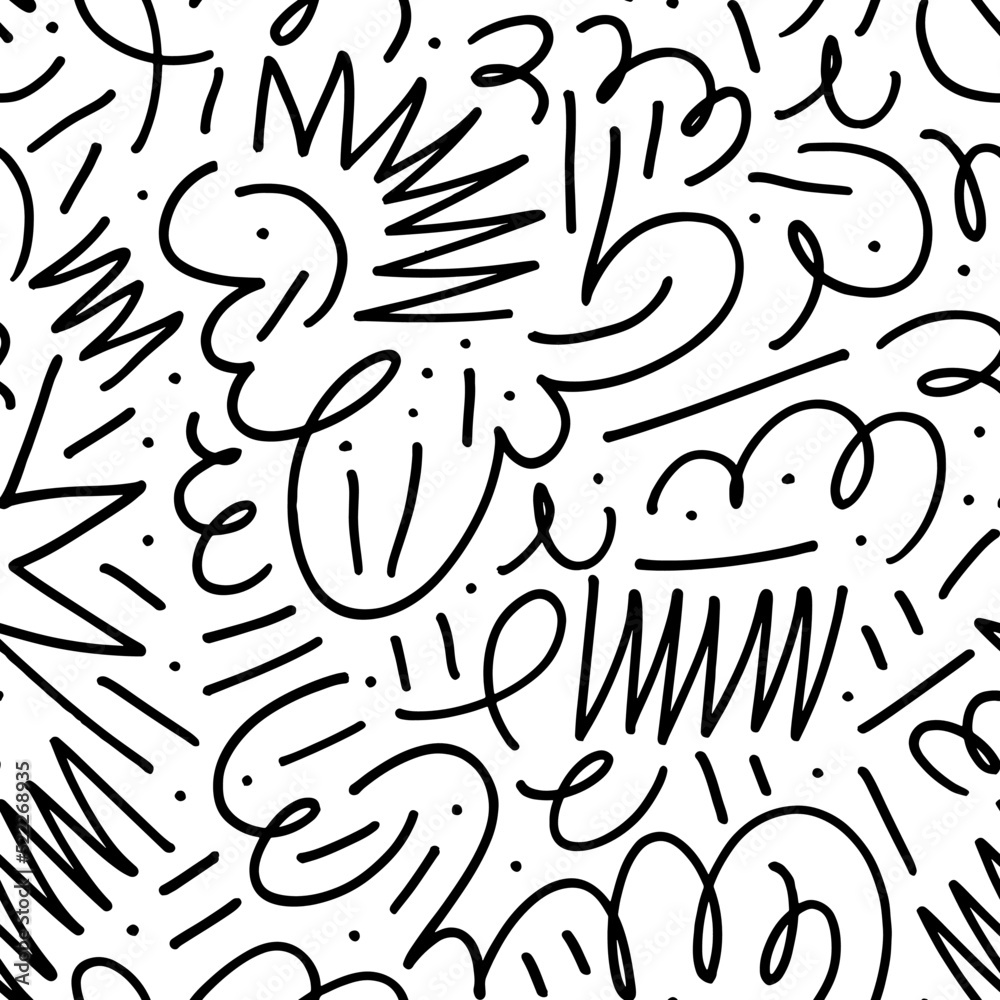 Trendy thin lines and dots seamless pattern. Curved and zig zag lines. Expressive seamless abstract vector background in black and white. Stylish monochrome doodles. Freehand black ink drawing.