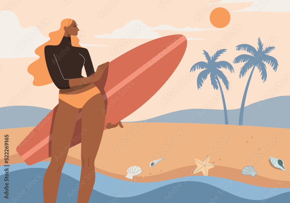 Young woman in swimming suit with holding surfboard on the beach. Vector design illustration. Young woman in swimming suit with holding surfboard on the beach. Vector design illustration.