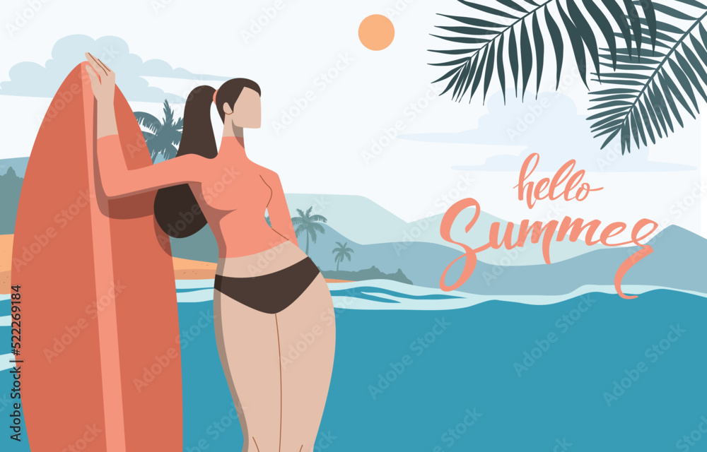 Young woman in swimming suit with surfboard on the beach. Vector design illustration.