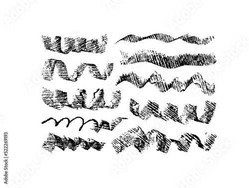 Set of swirled charcoal strokes with imprint texture. Dry black curved lines isolated on white background. Set of vector grunge graphite pencil strokes. Doodle style lines. Grunge vector illustration.