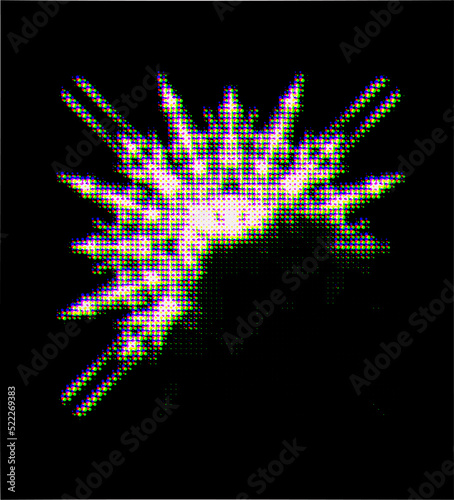 Halftone dotted mandala with muted-darkened sector and with CMYK shift or RGB glitch on a black background. Contour of dots, polka dots, blots, spots, slicks, strokes. Confetti effect. Vector.