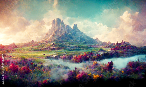 Colorful abstract background with a 3D illustration of a fantasy mountain view.