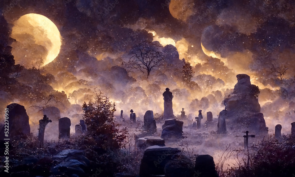 3D render of under a full moon in a dark sky, a cemetery at night with ...