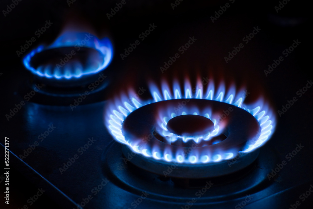 Natural gas burning on the stove. Blue flame. Two burners. Natural gas burning on the stove. Blue flame. Two burners.