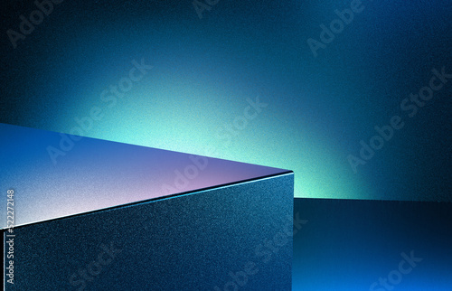 Dark abstract blue room with purple blue cube form podium edge illuminated spotlight