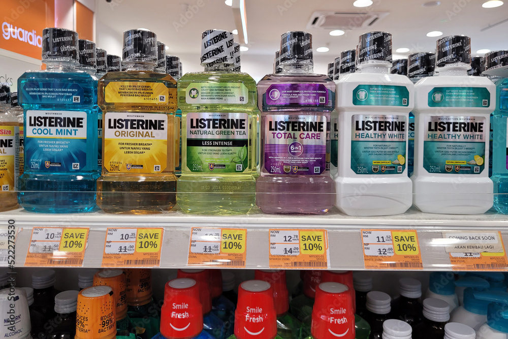PENANG, MALAYSIA 23 JULY 2022 Various brand hygiene mouthwash product on store shelf