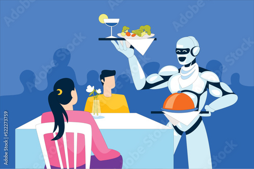 Robot serving food at restaurant vector illustration concept