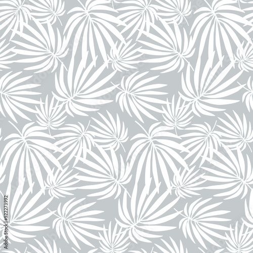 Background of white tropical palm leaves. Hand-drawn vector illustration of plants isolated on a gray background.