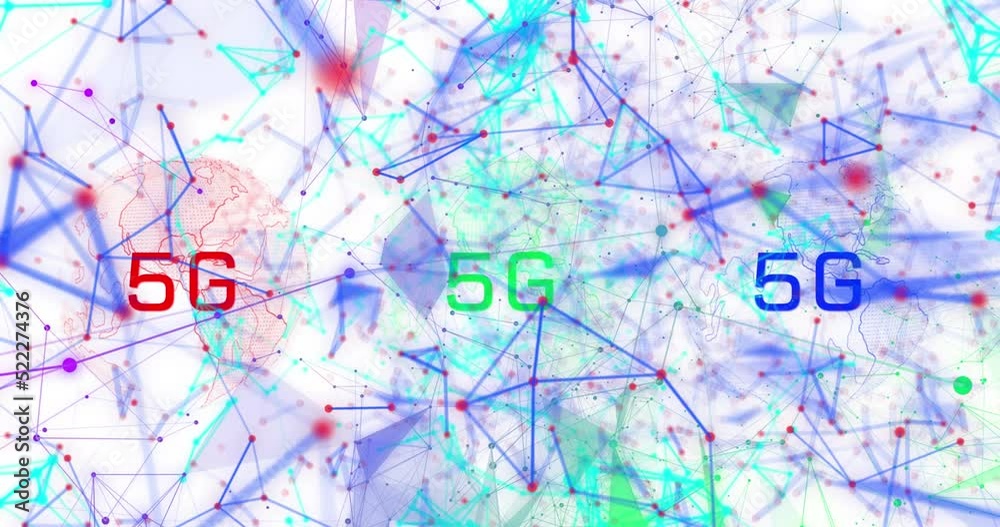 Animation of 5g over globes, connections data and digital screen Animation of 5g over globes, connections data and digital screen