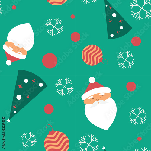 Winter seamless vector pattern with Santa, tree, ball, snow. Part of Christmas backgrounds collection. Can be used for wallpaper, pattern fills, surface textures, fabric prints.