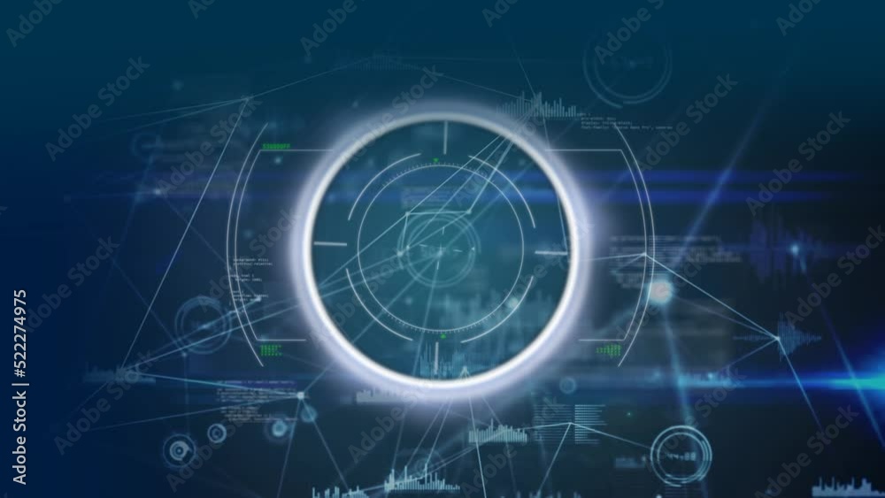 Animation of circle over network of connections in navy space with data Animation of circle over network of connections in navy space with data